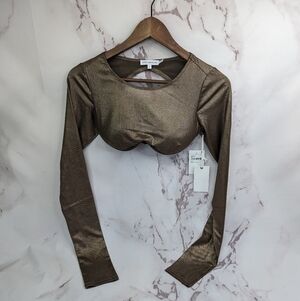 Good American Crop Top Women Mesh Underwire Long Sleeve Mocha Foil